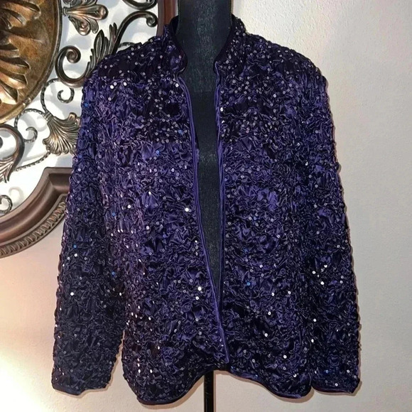 MSK Purple Scrunchie Sequin Full-Zip Evening Dress Party Wedding Jacket Size X1 - Picture 7 of 12